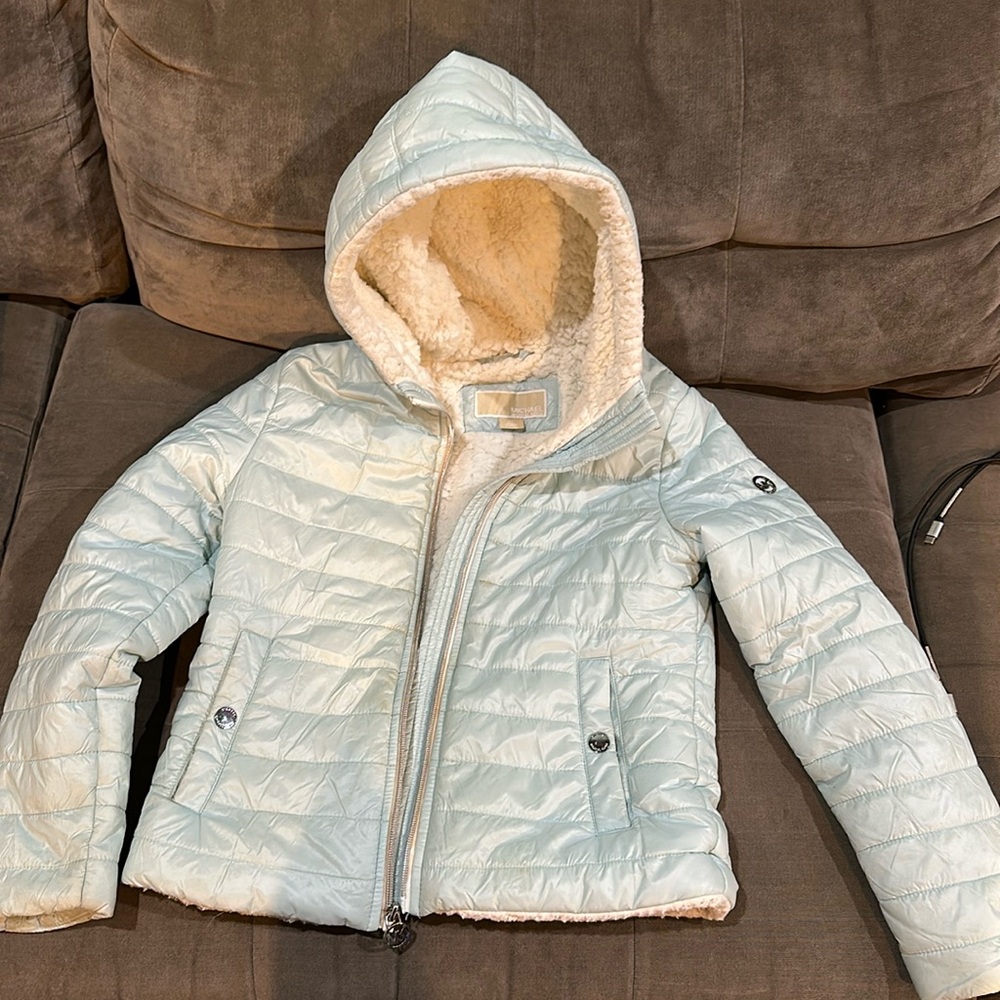 Girls Michael Kors puffer winter jacket, mint green with Sherpa lining 10/12